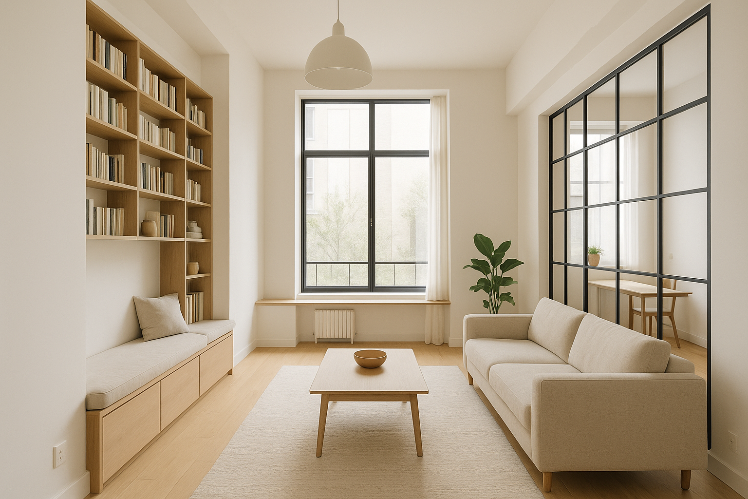 Salon lumineux au design minimaliste avec mobilier sur mesure, grande verrière atelier, et bibliothèque intégrée pour une optimisation maximale de l'espace intérieur.